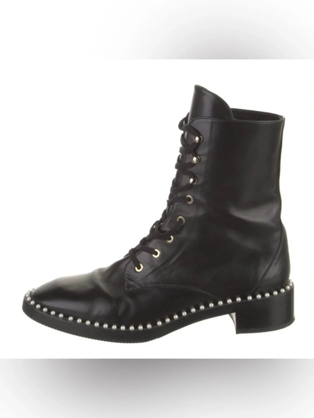 Stuart Weitzman Black Leather Lace-Up Ankle Boot with Silver Stud Trim